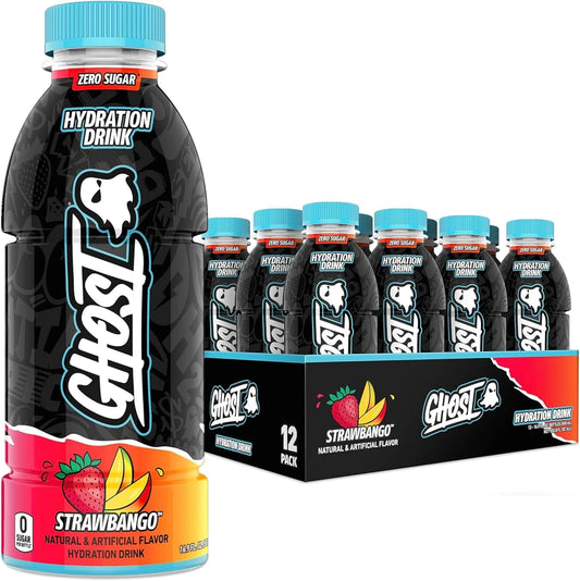 GHOST Hydration Drink – Strawbango 500ml (12-Pack) | Zero Sugar, Zero Caffeine Electrolyte Beverage
